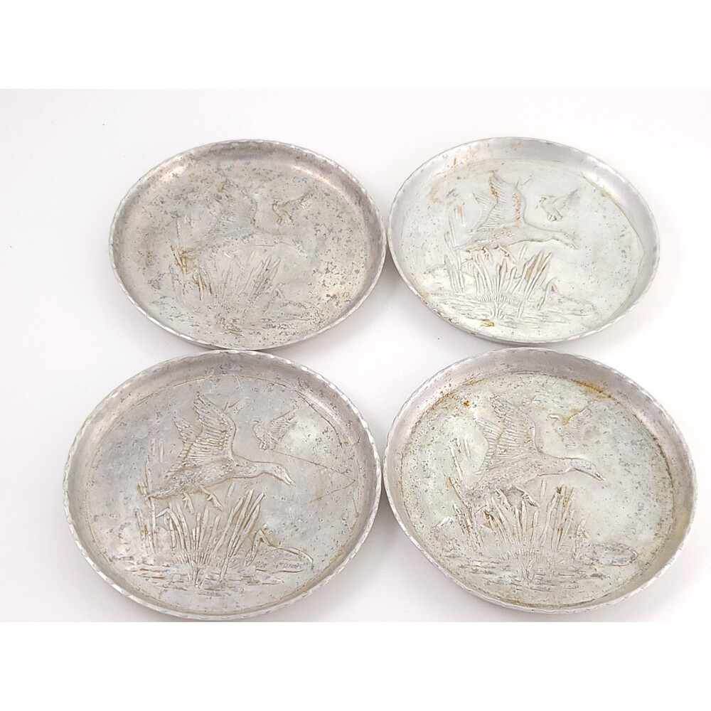 Vintage Stamped Aluminum Coasters Set of 4 Flying Mallard Ducks Marsh Cabin MCM